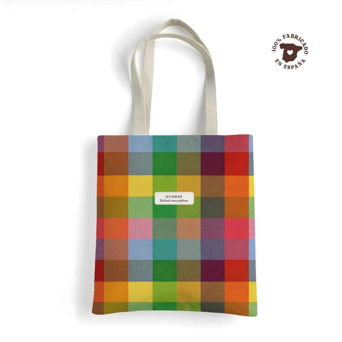 Tote bag personalizada estampado Pixel Party multicolor. Fabricada en España, resistente e ideal para universidad, oficina y uso diario.