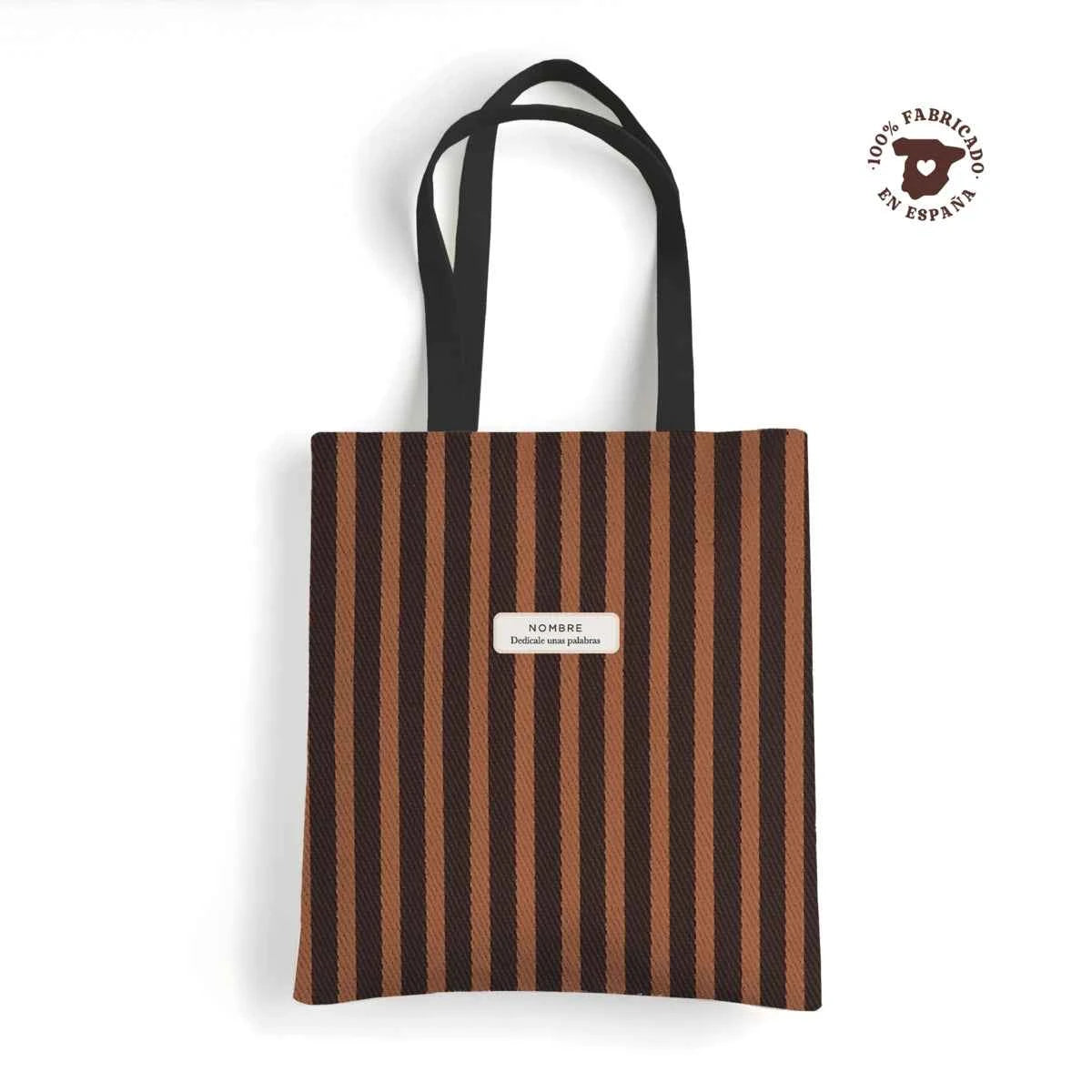 Tote bag resistente con estampado Rayado Capuccino en tonos café y avellana. Personalizable y fabricada en España.