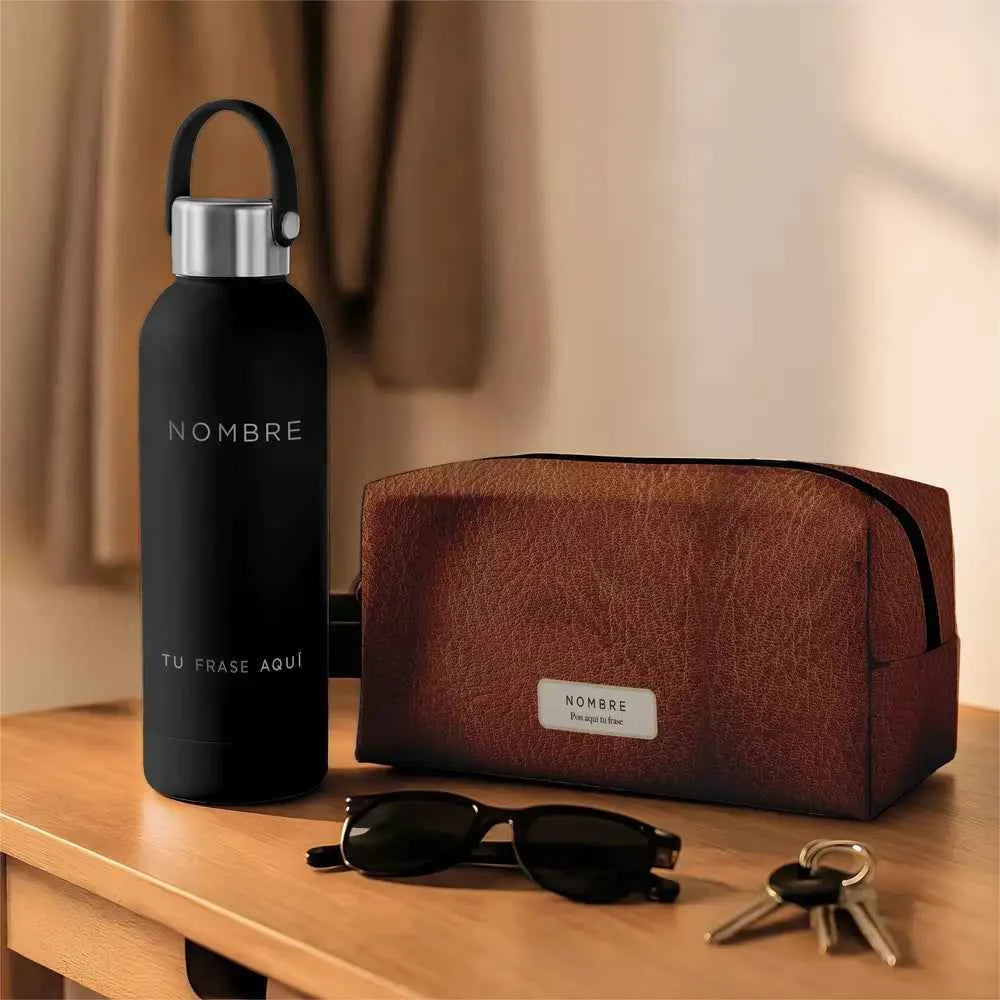 Pack Rutina personalizado con bidón térmico y neceser con estampado en imitacion cuero gastado, ideal como regalo para hombre.