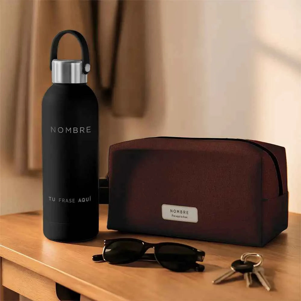 Pack Rutina personalizado con bidón térmico y neceser con estampado de cuero marron, ideal como regalo para hombre