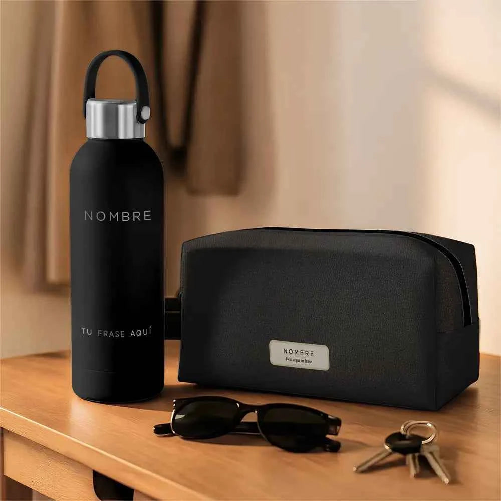 Pack Rutina personalizado con bidón térmico y neceser con estampado cuero gris, ideal como regalo para hombre.