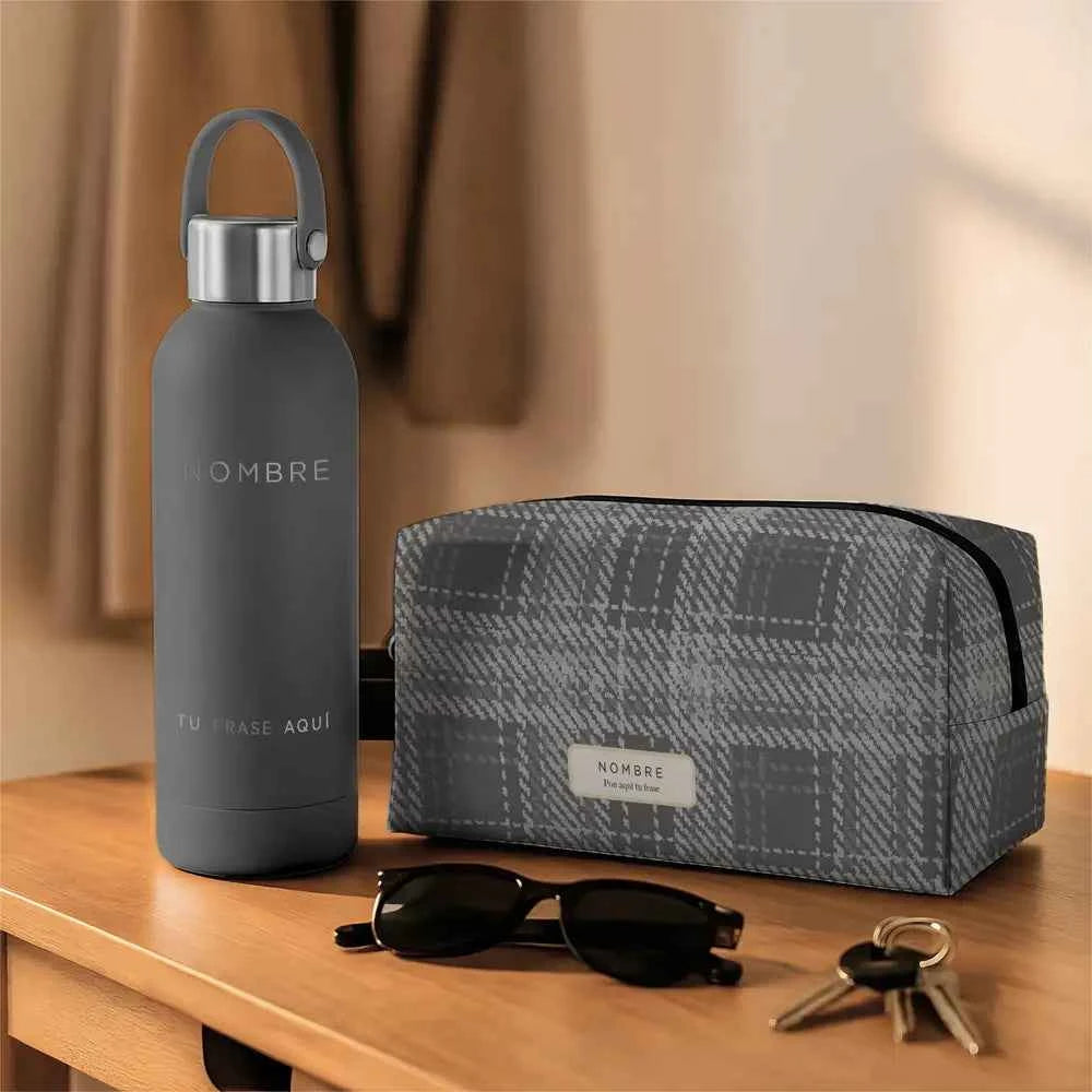 Pack Rutina personalizado con bidón térmico y neceser con estampado de tartán gris, ideal como regalo para hombre.