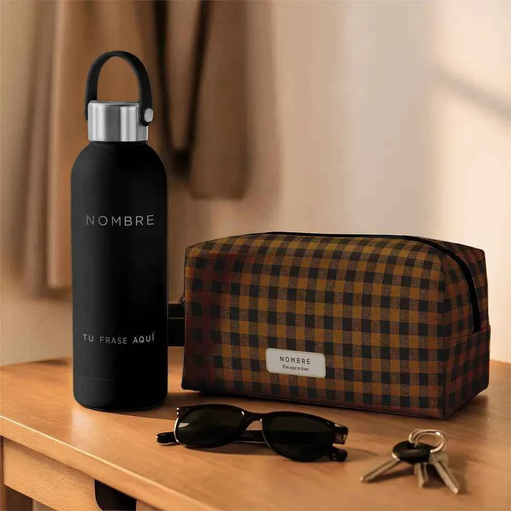 Pack Rutina personalizado con bidón térmico y neceser con estampado Vichy Bee de vichy negro y mostaza, ideal como regalo para hombre.