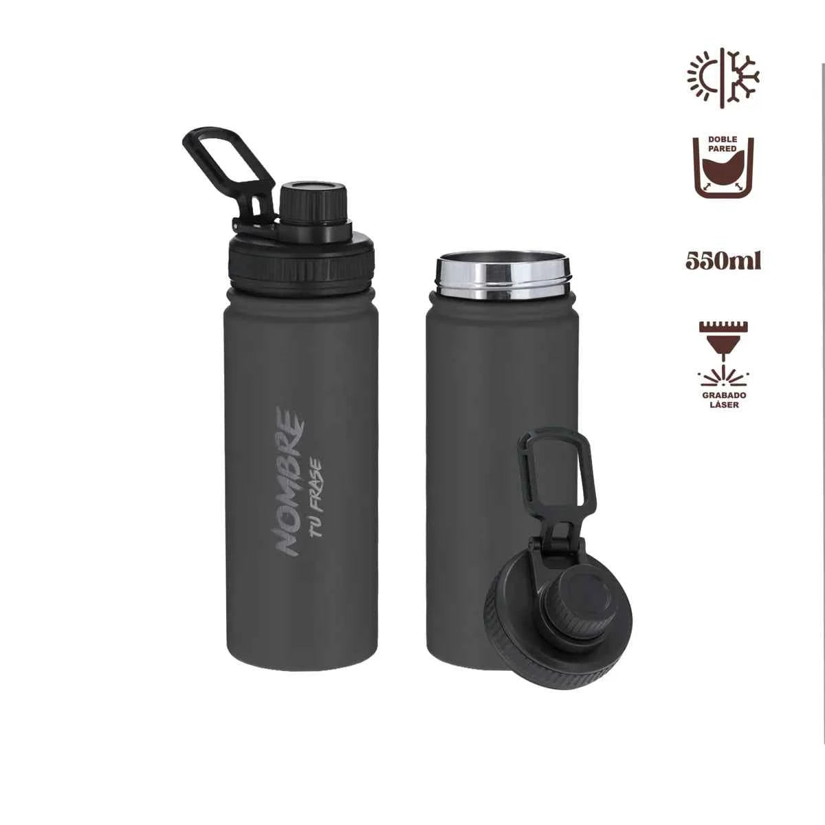 Bidón negro deportivo personalizado para gym, perfecto como regalo con nombre y frase.