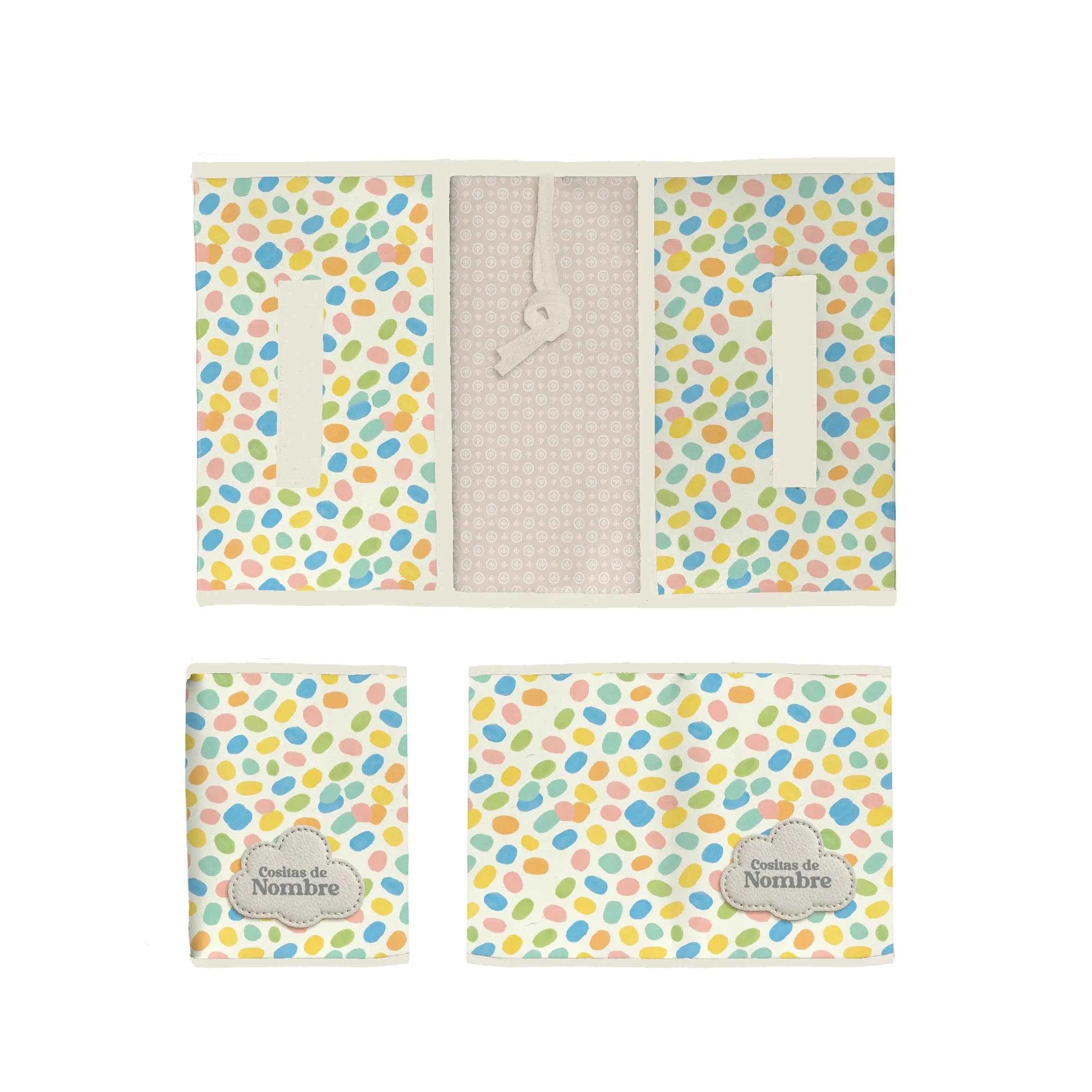 Portapañales y portadocumentos con estampado Baby Confetti, 100% fabricado en España. Ideal para pañales, toallitas y documentación del bebé.