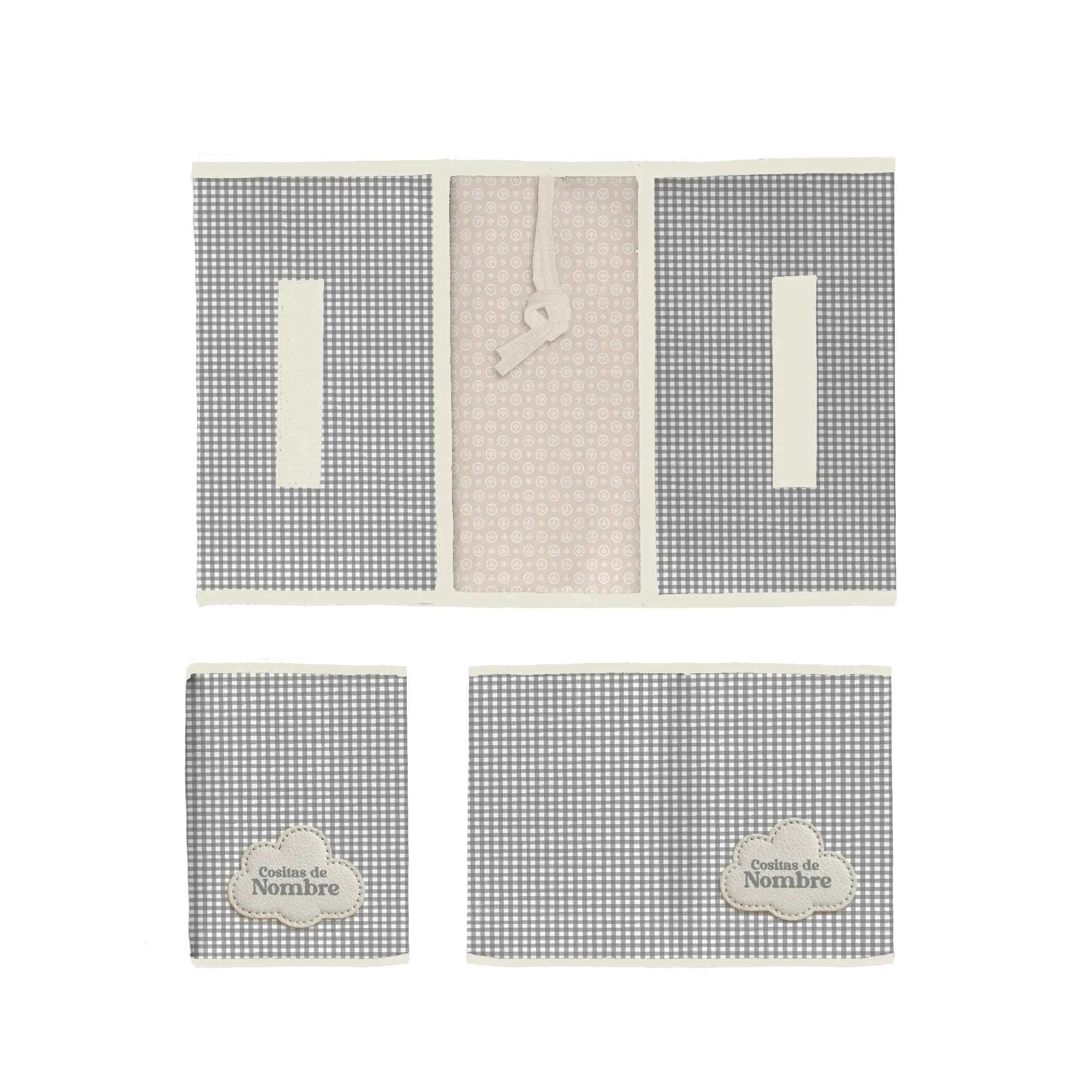 Portapañales y portadocumentos con estampado Vichy Gris, fabricado en España. Ideal para pañales, toallitas y documentación del bebé.