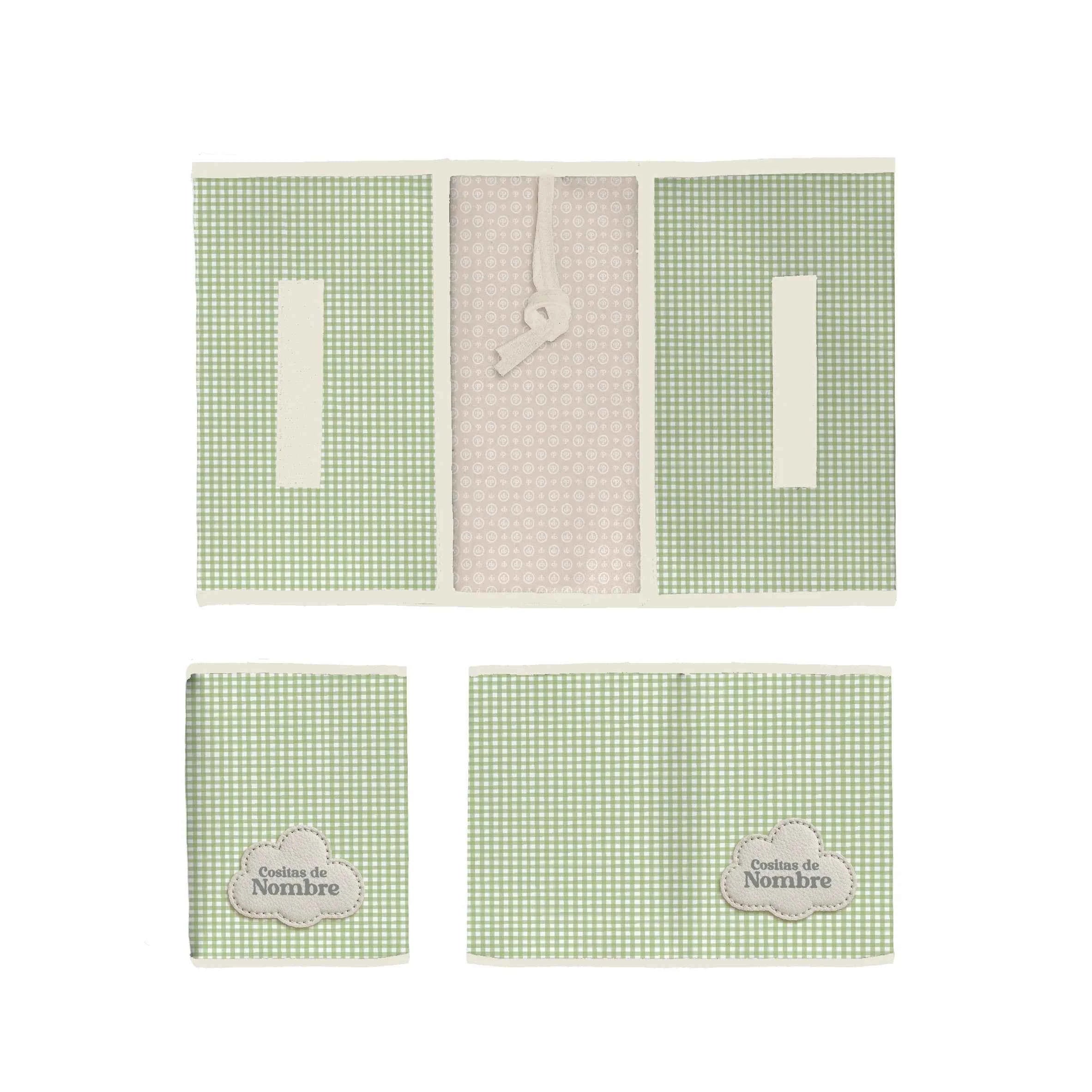 Portapañales y portadocumentos con estampado Vichy Menta, fabricado en España. Ideal para pañales, toallitas y documentación del bebé.