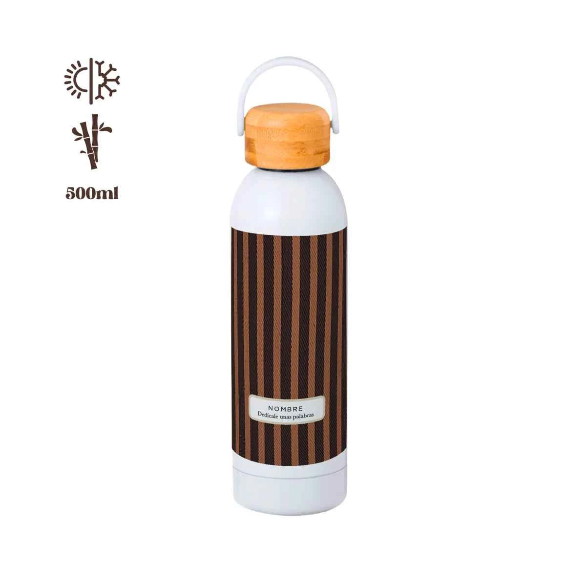 Bidón térmico de 500 ml con tapa de bambú y diseño de rayas Capuccino en marrón oscuro y tono café, personalizado con nombre.