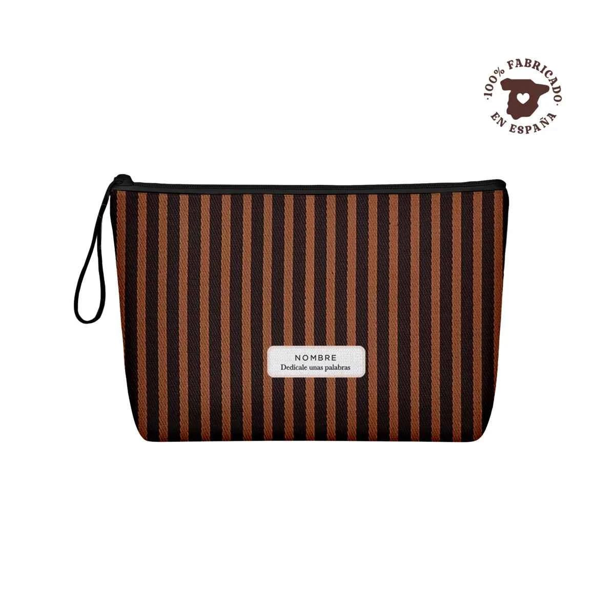 Neceser acolchado con estampado de rayas Capuccino en marrón oscuro y café, personalizable con nombre y frase y cierre de cremallera.