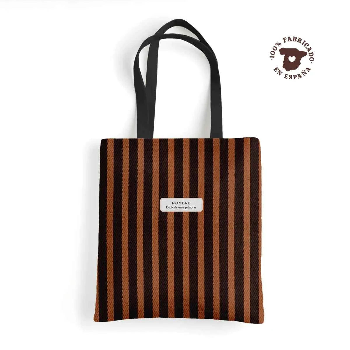 Tote bag de loneta con estampado de rayas Capuccino en marrón oscuro y tono café, personalizada con nombre y frase