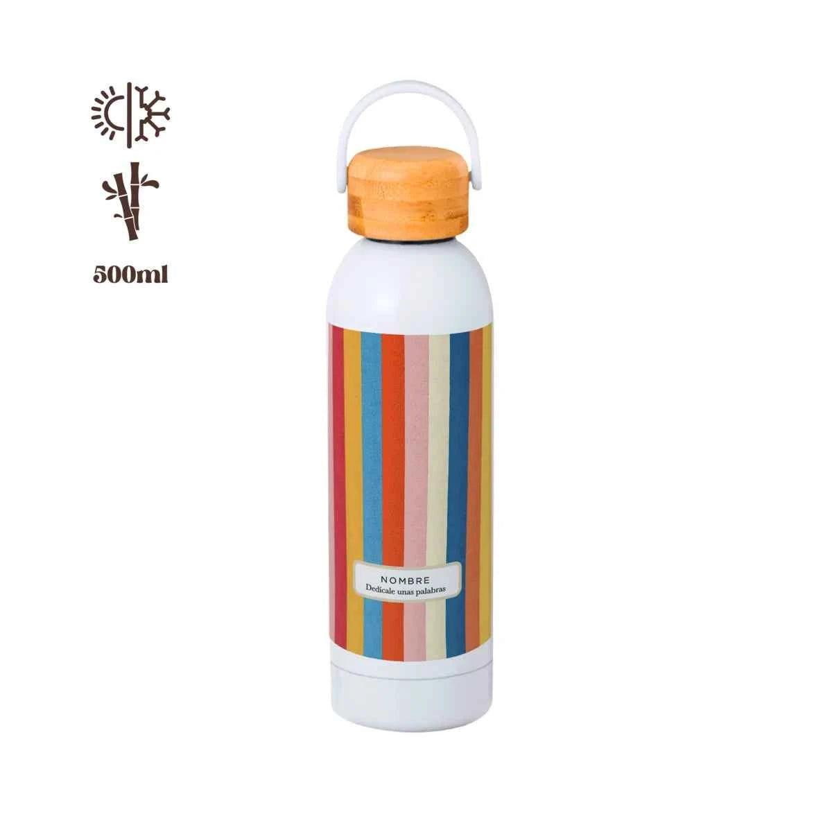 Bidón térmico de 500 ml con tapa de bambú y diseño de rayas multicolor Carnivale, personalizable con nombre y frase.