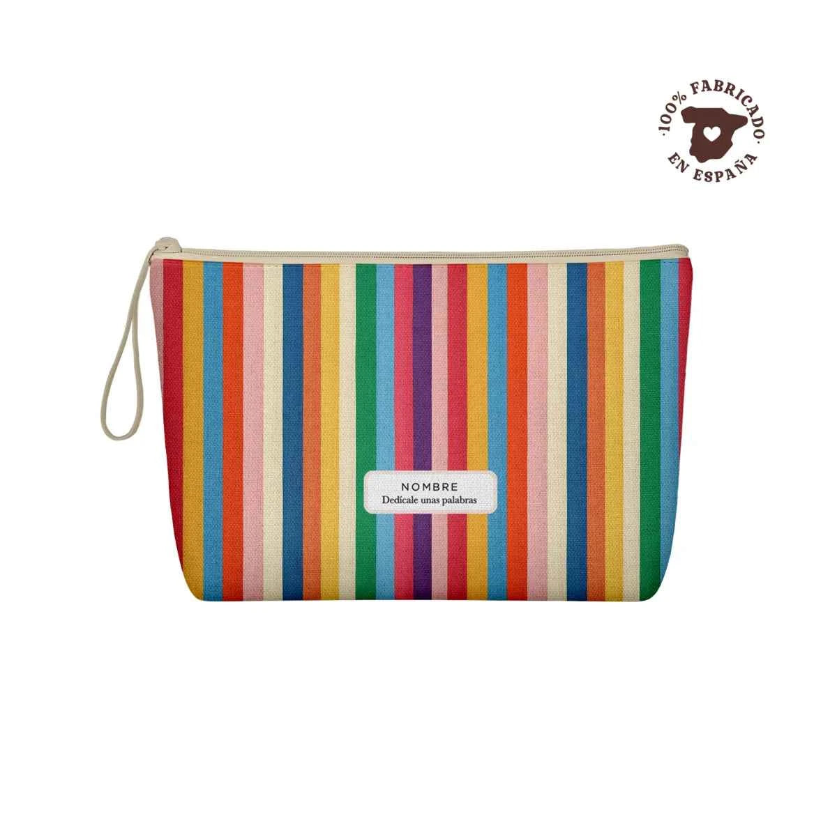 Neceser de loneta fabricado 100% en España con estampado de rayas multicolor Carnivale, personalizable con nombre y frase.