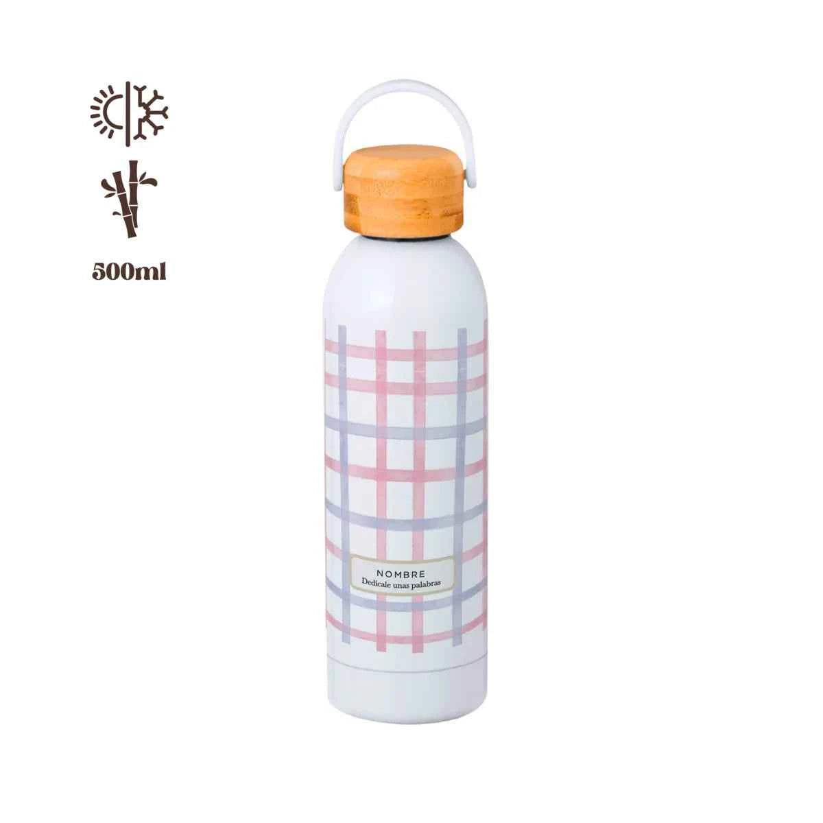 Bidón térmico de 500 ml con tapa de bambú y diseño de cuadros pastel en tonos rosa, lavanda y crema, personalizado con nombre y frase.