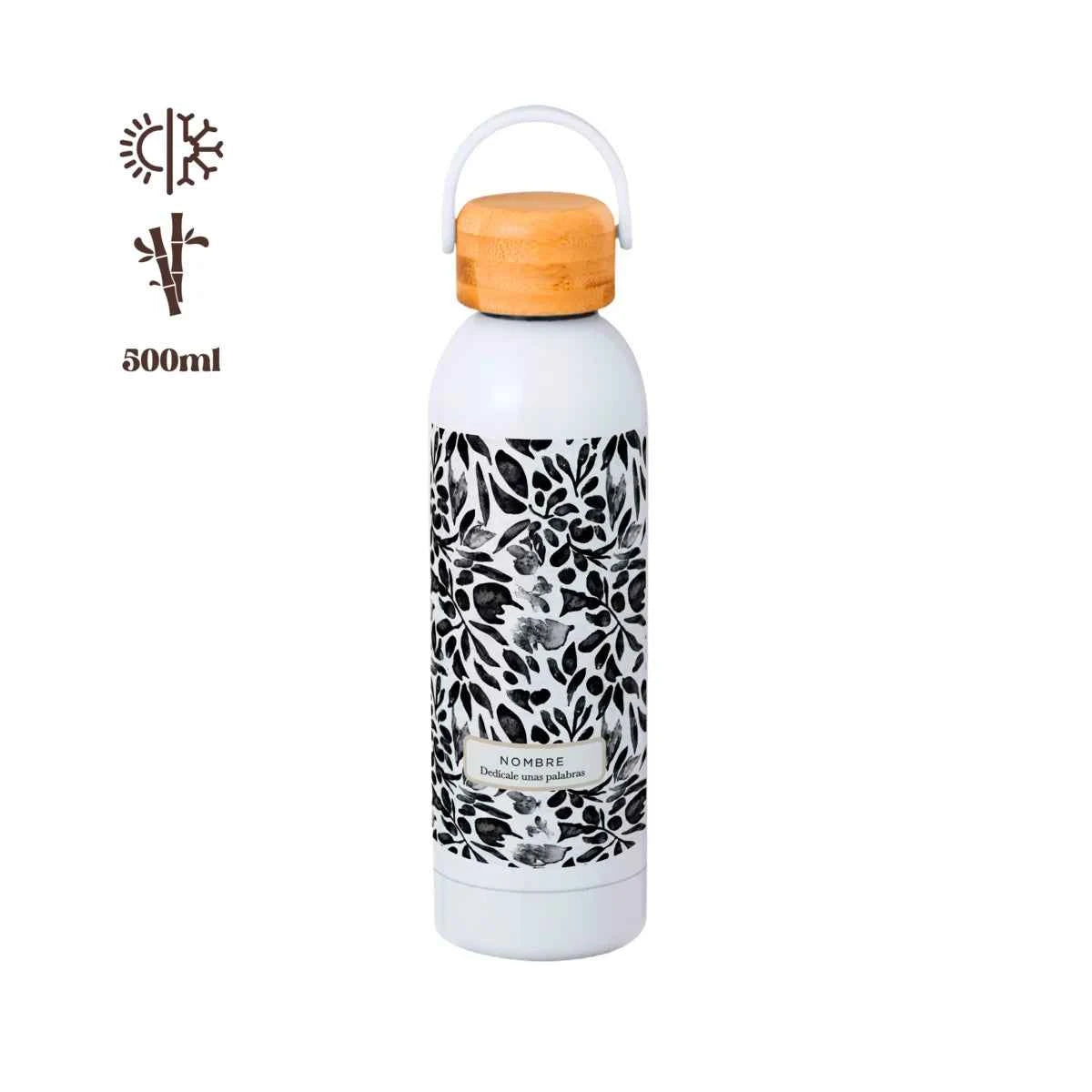 Bidón térmico de 500 ml con tapa de bambú y diseño floral Flores Negras en tonos negro y gris acuarela, personalizado con nombre y frase