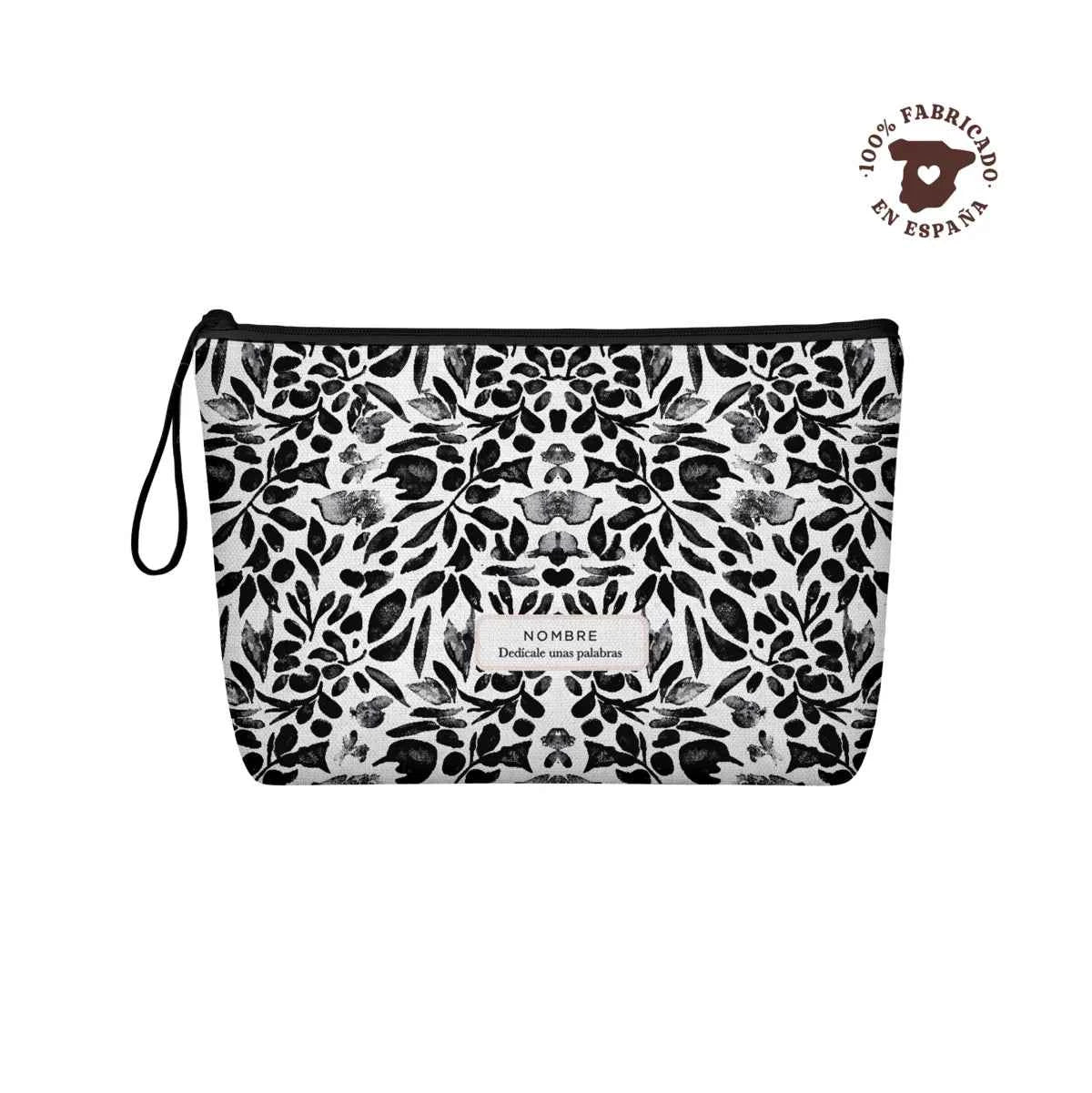 Neceser de loneta fabricado 100% en España con estampado floral Flores Negras en negro y gris acuarela, personalizable con nombre y cierre de cremallera.