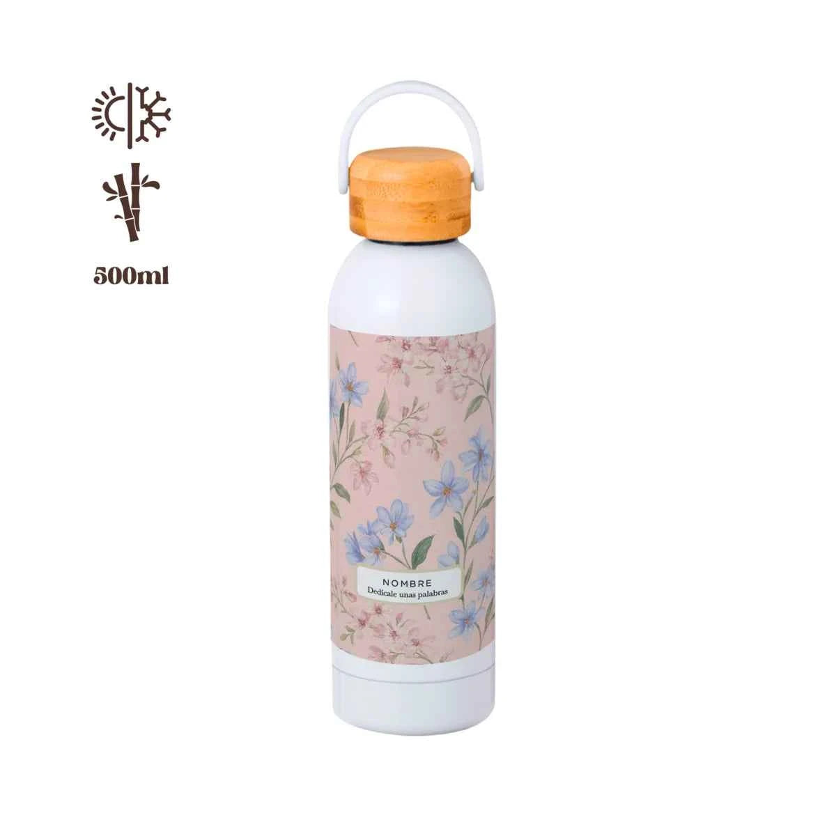 Bidón térmico de 500 ml con tapa de bambú y estampado floral Pink Lady en tonos rosa empolvado, lila y azul, personalizado con nombre.