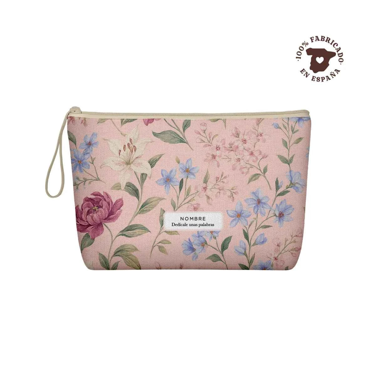 Neceser de loneta con estampado floral Pink Lady en rosa empolvado, lila y azul, personalizable con nombre y cierre de cremallera.