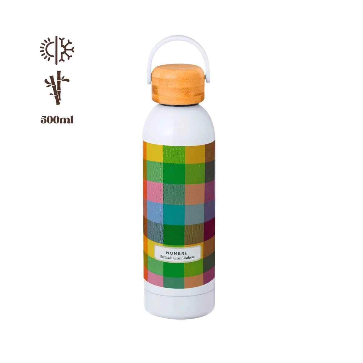 Bidón térmico de 500 ml con tapa de bambú y diseño pixelado multicolor Pixel Party, personalizado con nombre.