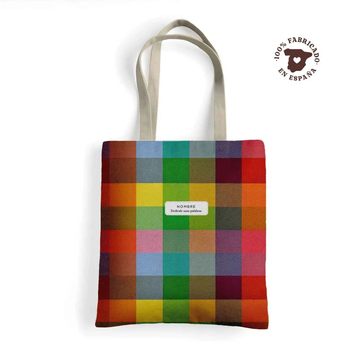 Tote bag de loneta con estampado pixelado multicolor Pixel Party, personalizada con nombre. Fabricado en España