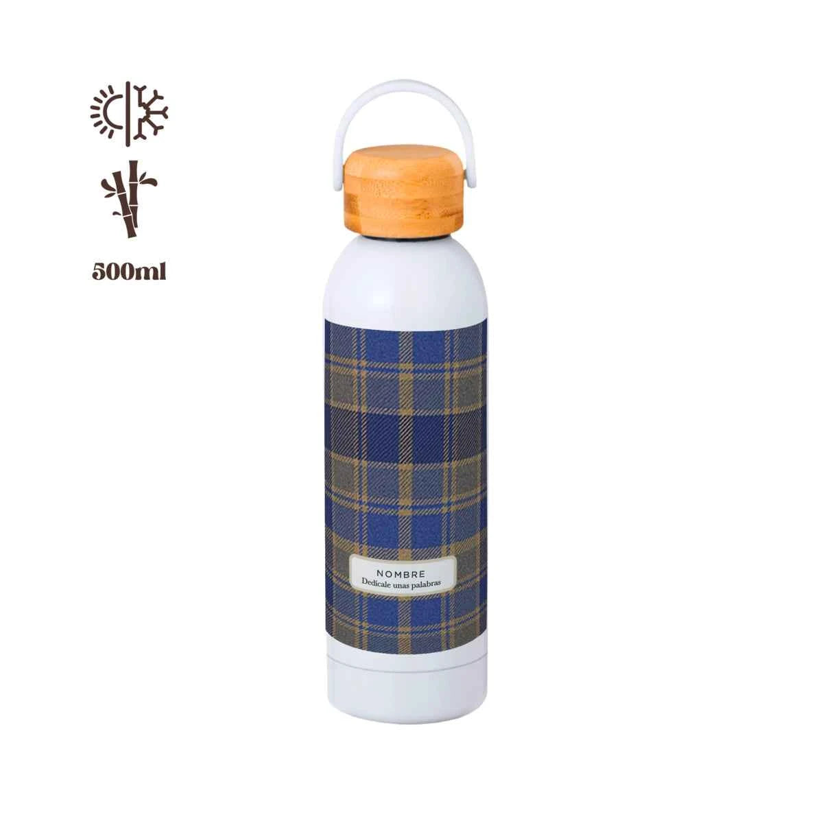 Bidón térmico de 500 ml con tapa de bambú y diseño tartán azul cobalto en tonos beige y gris, personalizado con nombre.