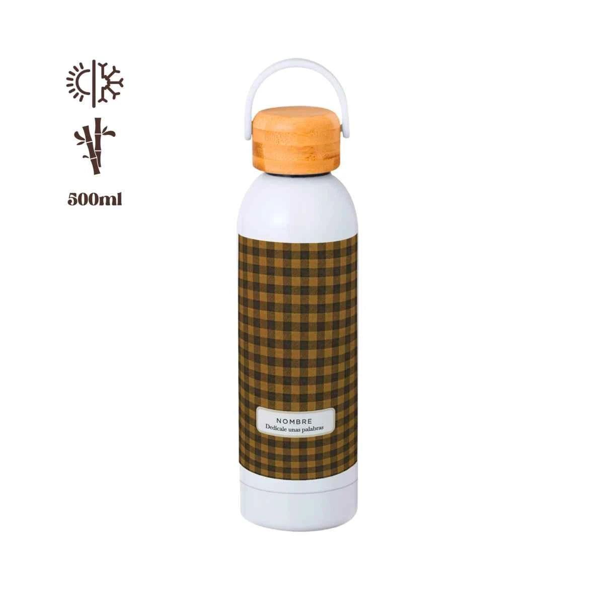 Bidón térmico de 500 ml con tapa de bambú y diseño vichy Vichy Bee en tonos marrón miel y negro, personalizado con nombre.