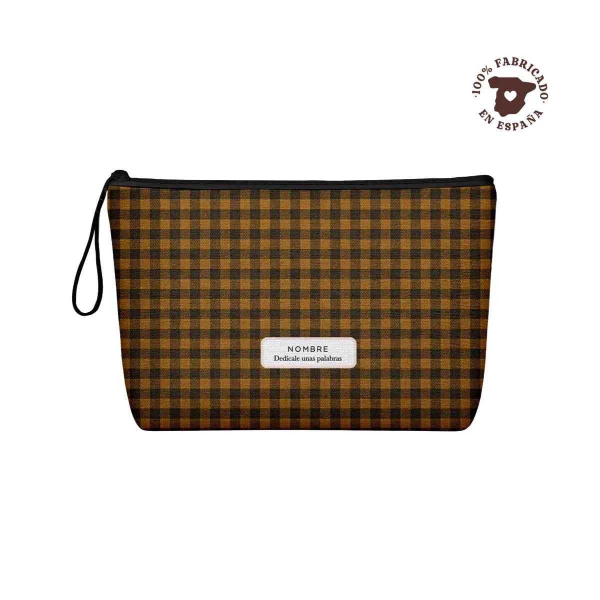 Neceser de loneta con estampado vichy Vichy Bee en marrón miel y negro, personalizable con nombre y cierre de cremallera. Fabricado en España