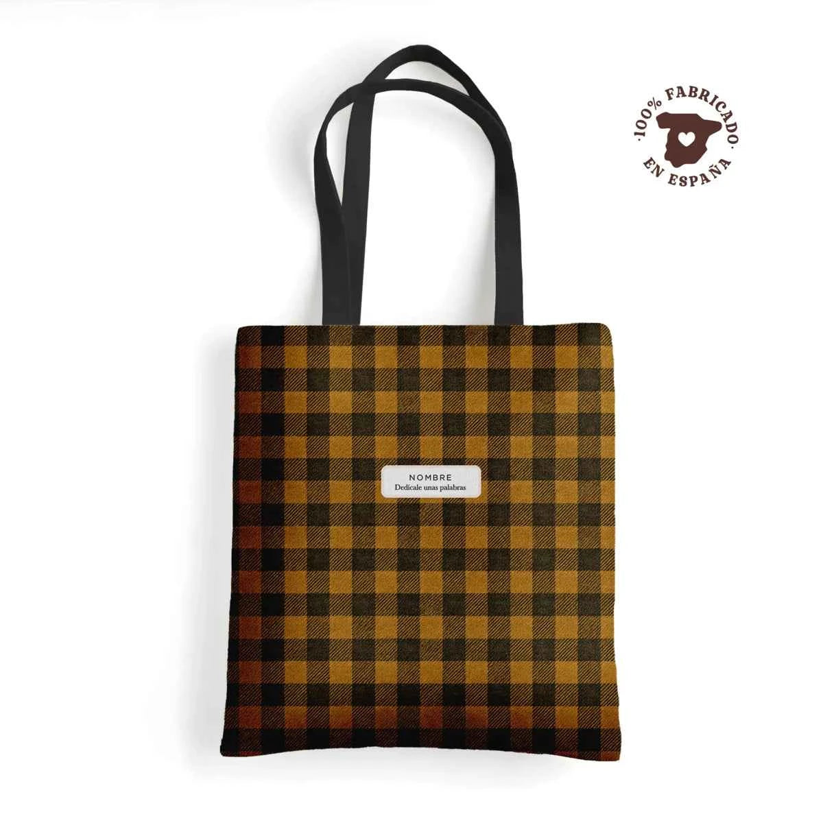 Tote bag de loneta con estampado vichy Vichy Bee en tonos marrón miel y negro, personalizada con nombre y frase. Ideal regalo para mujeres. Fabricado en España
