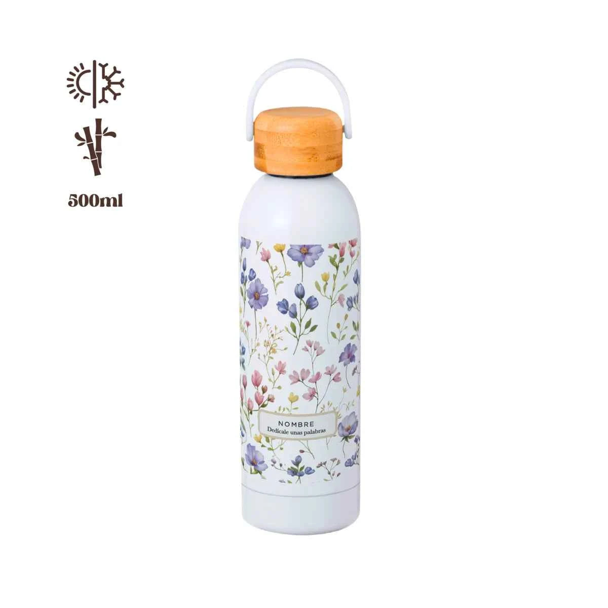 Bidón térmico de 500 ml con tapa de bambú y diseño floral Violetas en tonos pastel, personalizado con nombre y frase.