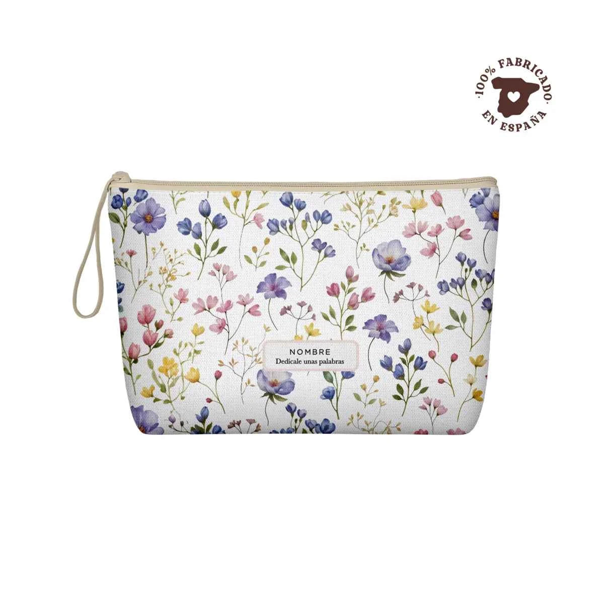 Neceser de loneta fabricado 100% en España con estampado floral Violetas en acuarela, personalizable con nombre, frase y cierre de cremallera.